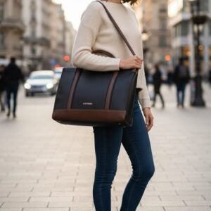 Blue Tote Bag With Brown Straps
